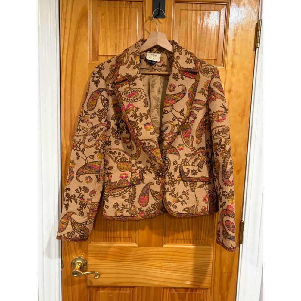 Vision Apparel Tapestry Paisley Blazer Jewel Button Boho Jacket Brown Size 10